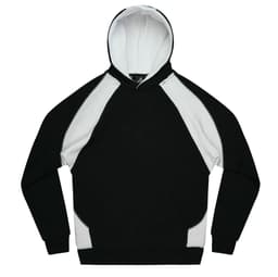 A black and white hoodie with a kangaroo pocket and a hood, featuring a logo on the chest.