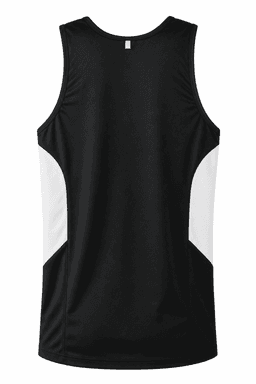 A black singlet with white side panels, featuring a logo on the back. Ideal for casual or athletic wear.
