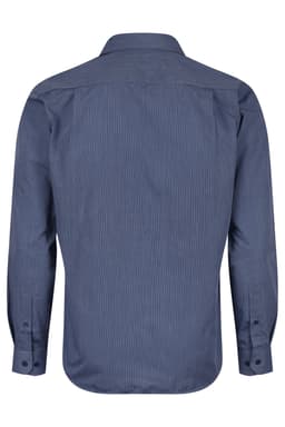 A men's long sleeve button-up shirt in a navy blue stripe pattern with a collar and cuff details.
