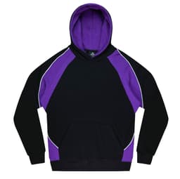 A black hoodie with purple accents and a front pouch pocket, featuring a hood and contrasting design elements.