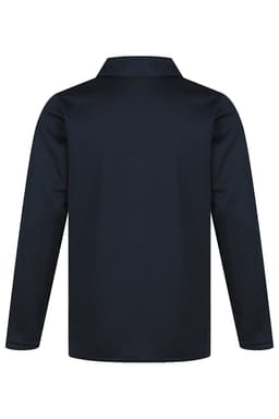 A navy blue polo shirt with a collared neckline and long sleeves, featuring a logo on the upper left chest.