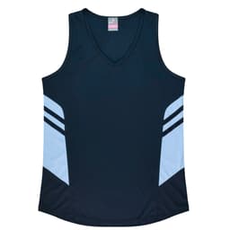 A black singlet with light blue accents and a V-neck design, featuring a logo on the label.