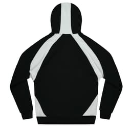 A black and white hoodie featuring a panel design and a kangaroo pocket. It has a hood and long sleeves.