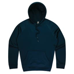 A dark navy hooded jumper featuring a front pocket and a drawstring. It has a logo on the interior.