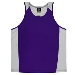 A purple singlet with grey side panels, featuring a logo on the inside neckline.