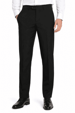 Black flat front men's pants featured with a slim fit and pockets, paired with shiny black shoes.