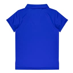 A blue polo shirt featuring a collar and short sleeves, displaying a plain back design. It includes a logo.