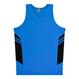 A blue singlet with black side panels and a branding logo on the upper section.