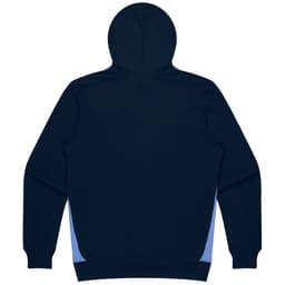A navy hoodie with contrasting light blue side panels and a hood, featuring a logo on the front.
