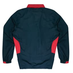 A navy and red track top with a high collar and elastic cuffs, featuring a logo on the back.