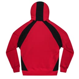 A red hoodie featuring black accents on the back. It has a hood and long sleeves.