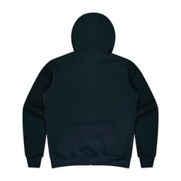 A dark green hoodie featuring a hood and long sleeves, with a plain back design. It has a logo.
