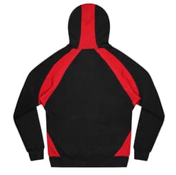 A black hoodie featuring red side panels and a hood, with a logo on the back.