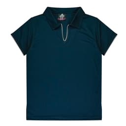 A dark navy polo shirt featuring a collar and a logo on the neckline.