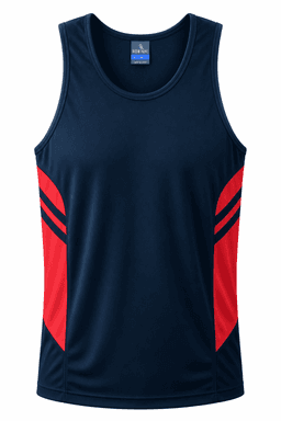 A navy blue singlet with red side panels and branding on the neckline.