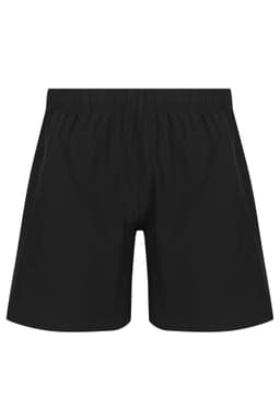 Black sports shorts with an elastic waistband and a logo. Suitable for kids' activewear.