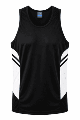 A black singlet with white stripes on the sides and a logo on the upper section.