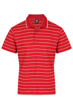 A red polo shirt with white horizontal stripes and a collar. The shirt features a logo on the front.