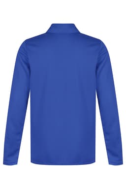 A blue long-sleeved polo shirt featuring a collar and a smooth texture. It has a logo on the front.