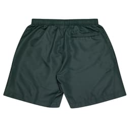 Green kids' sports shorts with an elastic waistband and a back pocket. Features a logo.