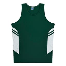 A green singlet featuring white accents and stripes, with a logo on the upper left.