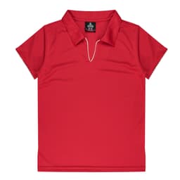 A red polo shirt with a v-neck design, featuring a collar and a logo on the label.