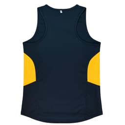 A navy blue singlet with yellow side panels. The back features no visible branding.