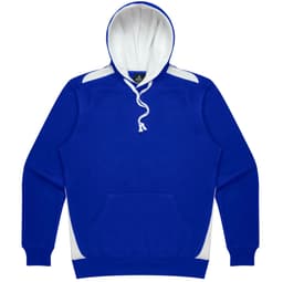 A blue hoodie with a white inner lining and side accents. It features a front pocket and a drawstring hood.