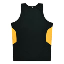 A black singlet with yellow side panels and a logo, designed for kids.