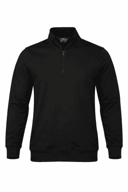 A black men's quarter-zip sweater with long sleeves and a logo on the chest.