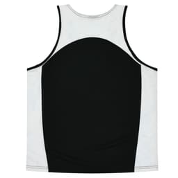 A back view of a black and white singlet featuring a rounded design and contrast stitching. It includes a logo.