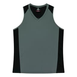 A grey singlet with black side panels and a v-neck design, featuring a logo on the inside label.
