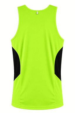 A bright lime green singlet with black side panels and a logo on the back.