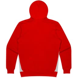 A red hoodie with a hood, featuring a plain back and side detailing. It has a logo.