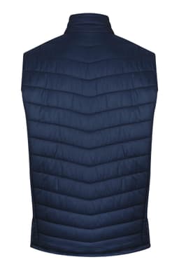 A navy blue men's vest with a quilted design, featuring a high collar and no sleeves. It includes a logo.