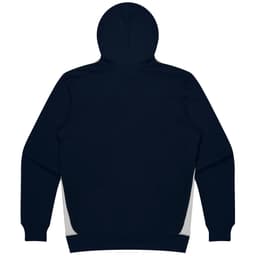 A navy blue hoodie with a hood and contrasting side panels. It features a logo on the back.