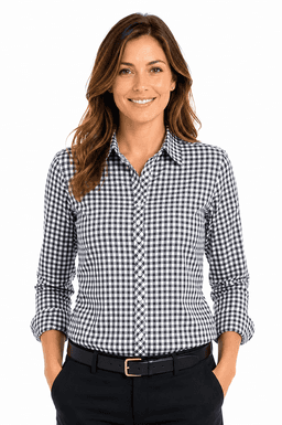 A long sleeve button-up shirt in a black and white checked pattern, featuring a logo on the chest.