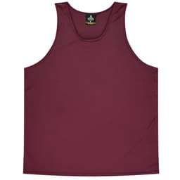 A maroon singlet featuring a simple design and a logo at the neckline.