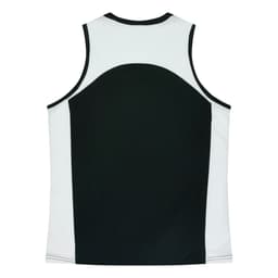 A black and white singlet featuring a round back design and a logo on the front.