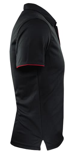 A black polo shirt with a red trim and a logo on the front, featuring short sleeves and a collared neckline.