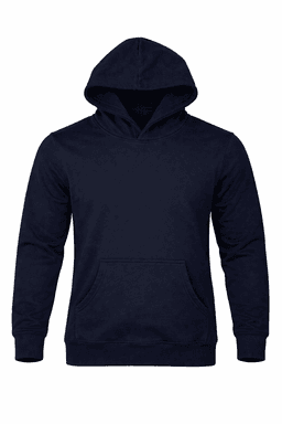A navy blue men's hoodie featuring a front pocket and a hood, with a branding logo.