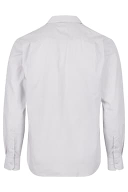 A long-sleeve button-up shirt in light grey with a plain back and cuffed sleeves. It features a logo.