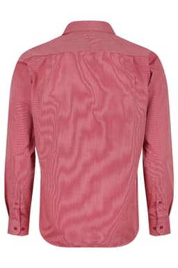 A long-sleeve button-up shirt in a red and white striped pattern, featuring a collar and a logo.