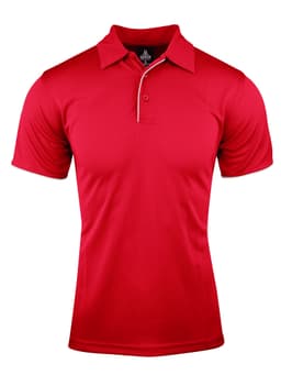 A red polo shirt with a collared neck and short sleeves, featuring a logo on the chest.