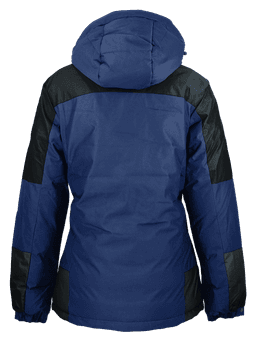 A navy and black jacket with a hood, featuring a sleek design and a logo on the back.