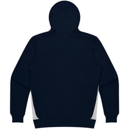 A navy hoodie featuring a hood and a logo, displaying a simple design with grey accents.