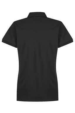 A black polo shirt with a short collar and sleeves, featuring a logo on the back.