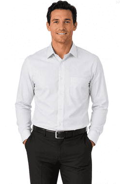 A long-sleeve men's shirt in white, featuring a chest pocket and a logo, worn by a man with hands in pockets.