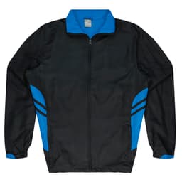 A black and blue tracktop featuring a zip front and a logo. Suitable for kids.