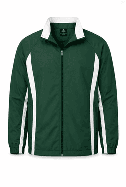 A green track jacket with white accents and a zip front. It features a logo on the upper left.